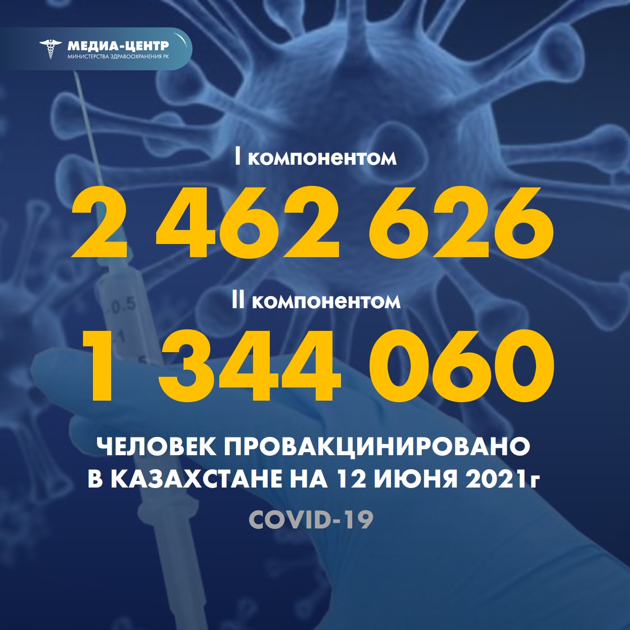I компонентом 2 462 626 человек провакцинировано в Казахстане на 12 июня 2021 г, II компонентом 1 344 060 человек.