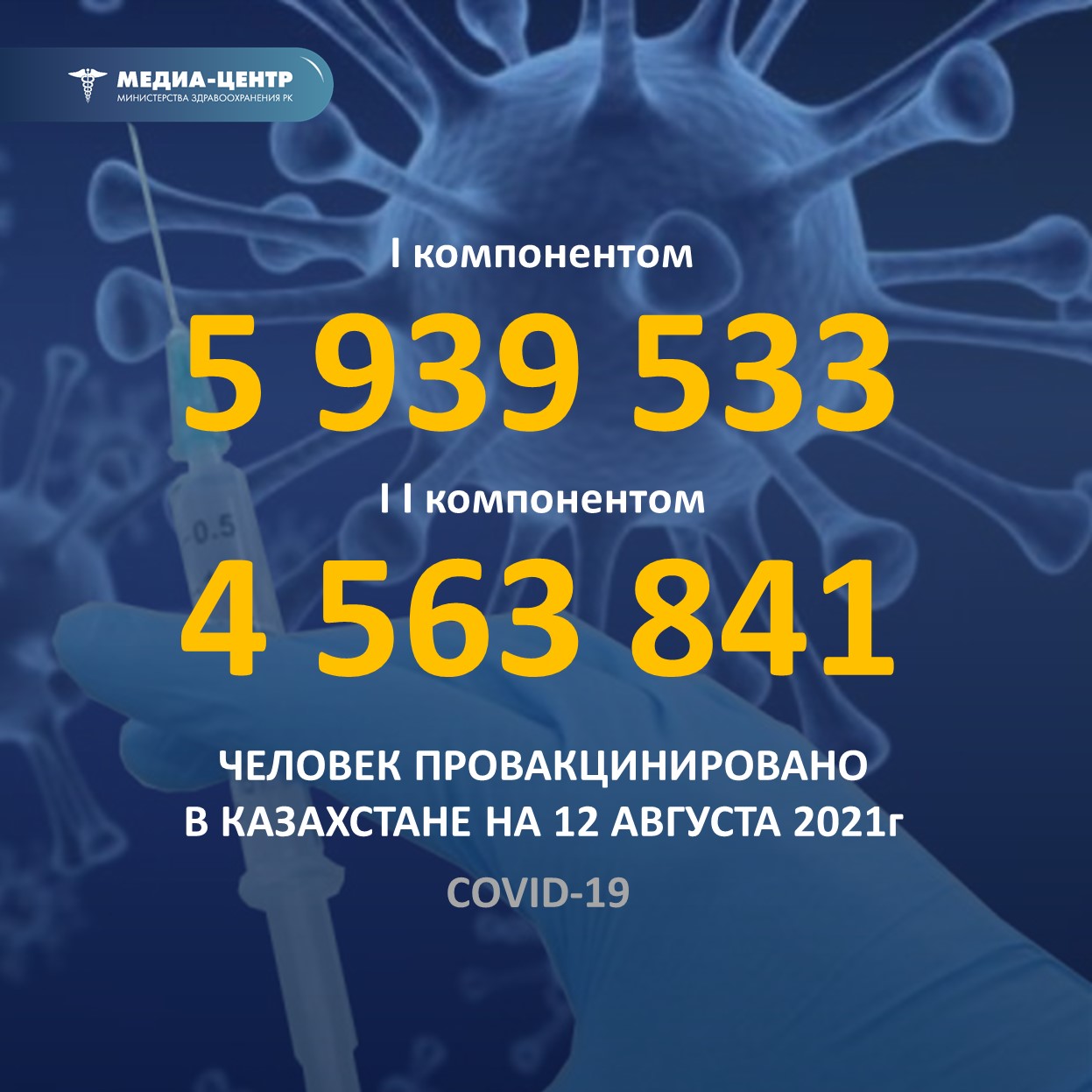 I компонентом 5 939 533 человек провакцинировано в Казахстане на 12 августа 2021 г, II компонентом 4 563 841 человек.
