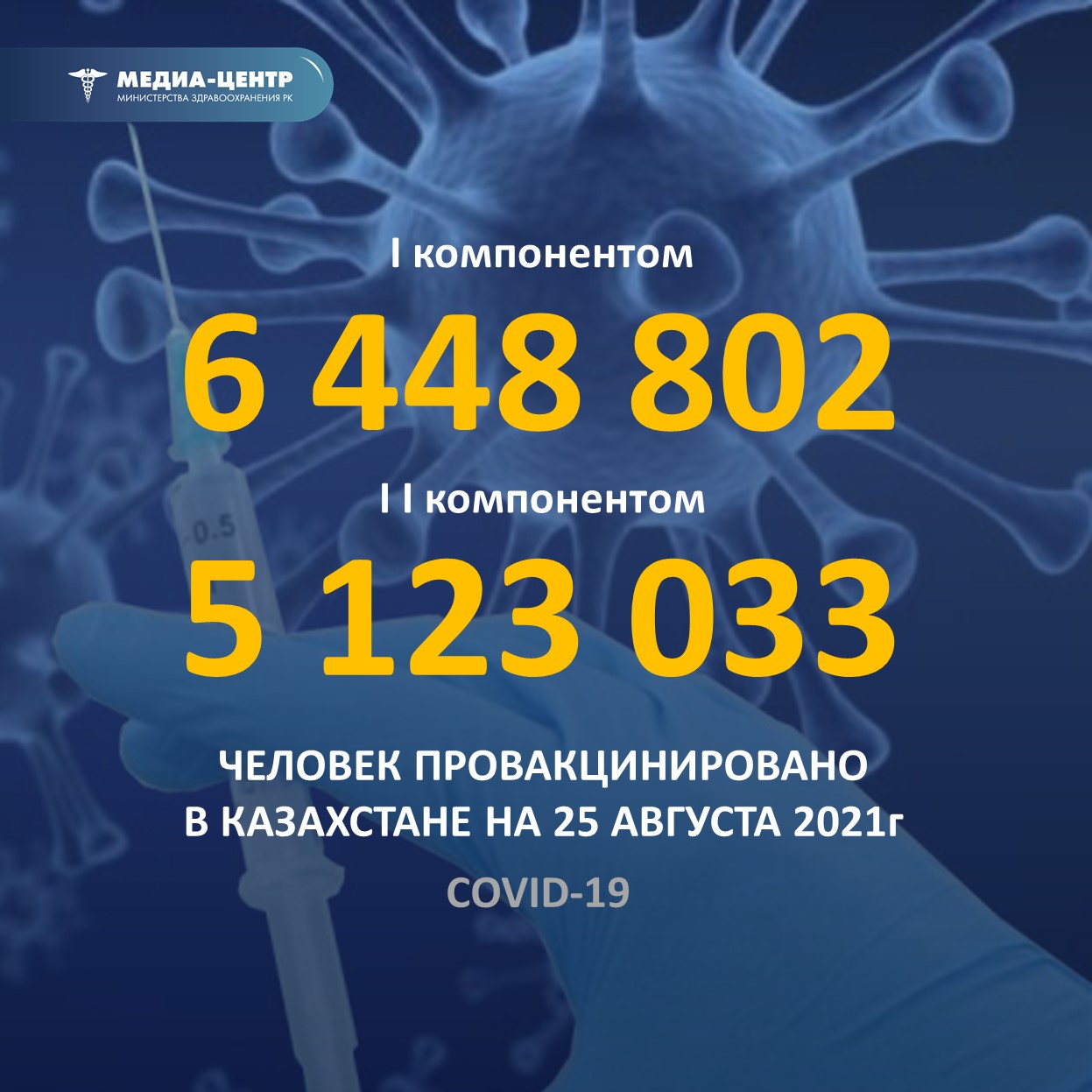 I компонентом 6 448 802 человек провакцинировано в Казахстане на 25 августа 2021 г, II компонентом 5 123 033 человек.