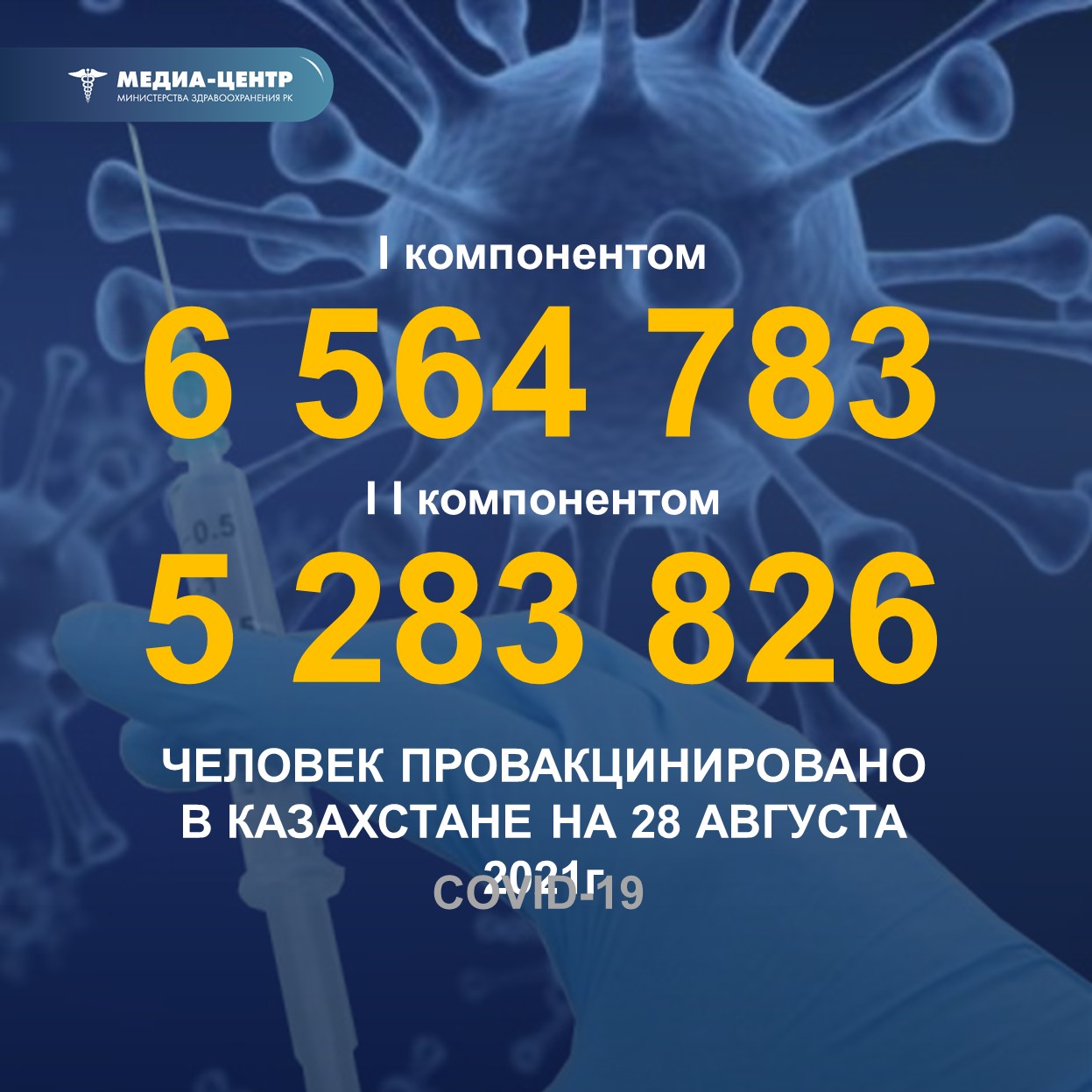 I компонентом 6 564 783 человек провакцинировано в Казахстане на 28 августа 2021г., II компонентом 5 283 826 человек.