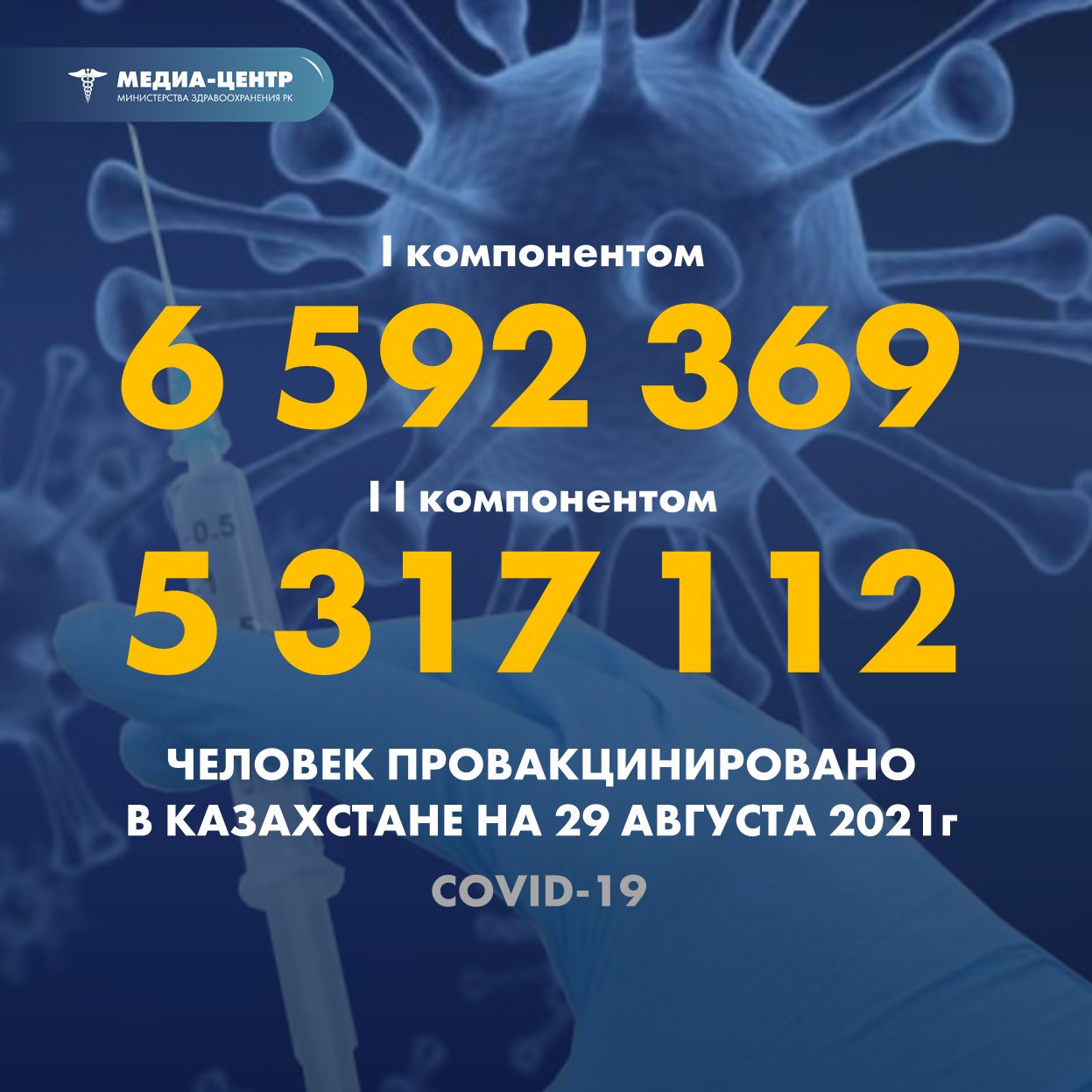I компонентом 6 592 369 человек провакцинировано в Казахстане на 29 августа 2021 г, II компонентом 5 317 112 человек.