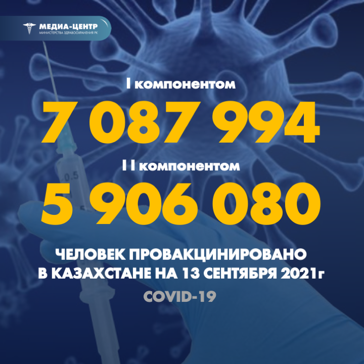 I компонентом 7 087 994 человек провакцинировано в Казахстане на 13 сентября 2021 г, II компонентом 5 906 080 человек.