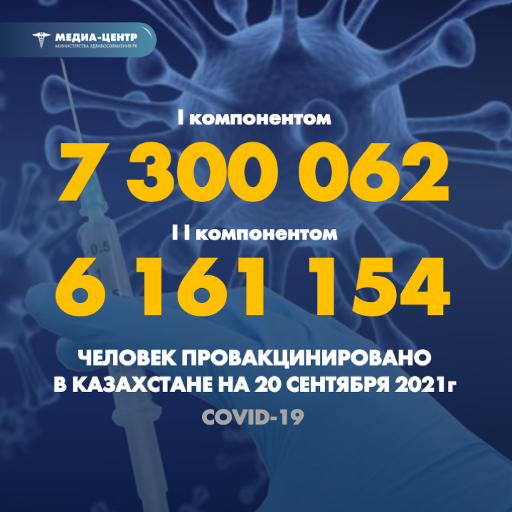 I компонентом 7 300 062 человек провакцинировано в Казахстане на 20 сентября 2021 г, II компонентом 6 161 154 человек.