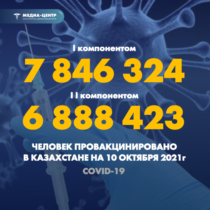 I компонентом 7 846 324 человек провакцинировано в Казахстане на 10 октября 2021 г, II компонентом 6 888 423 человек.