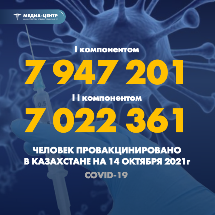 I компонентом 7 947 201 человек провакцинировано в Казахстане на 14 октября 2021 г, II компонентом 7 022 361 человек.