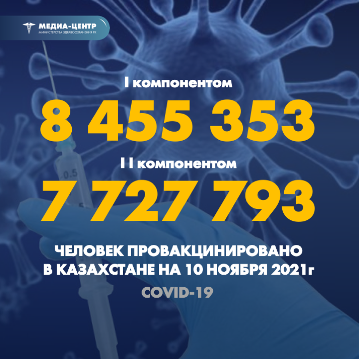 I компонентом 8 455 353 человек провакцинировано в Казахстане на 10 ноября 2021 г, II компонентом 7 727 793 человек.