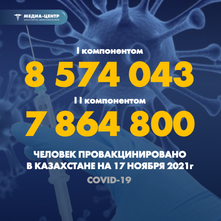 I компонентом 8 574 043 человек провакцинировано в Казахстане на 17 ноября 2021 г, II компонентом 7 864 800 человек.