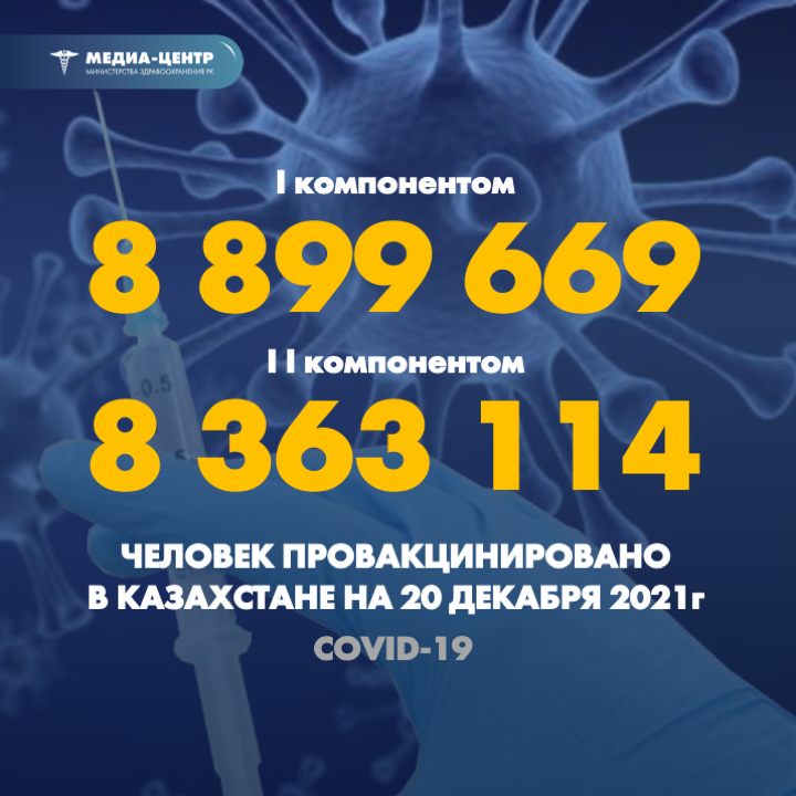 I компонентом 8 899 669 человек провакцинировано в Казахстане на 20 декабря 2021 г, II компонентом 8 363 114 человек.