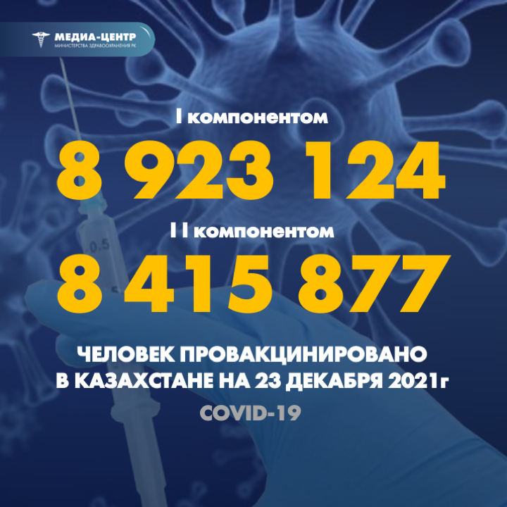 I компонентом 8 923 124 человек провакцинировано в Казахстане на 23 декабря 2021 г, II компонентом 8 415 877 человек.