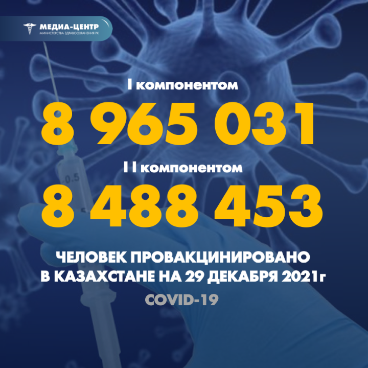 I компонентом 8 965 031 человек провакцинировано в Казахстане на 29 декабря 2021 г, II компонентом 8 488 453 человек.