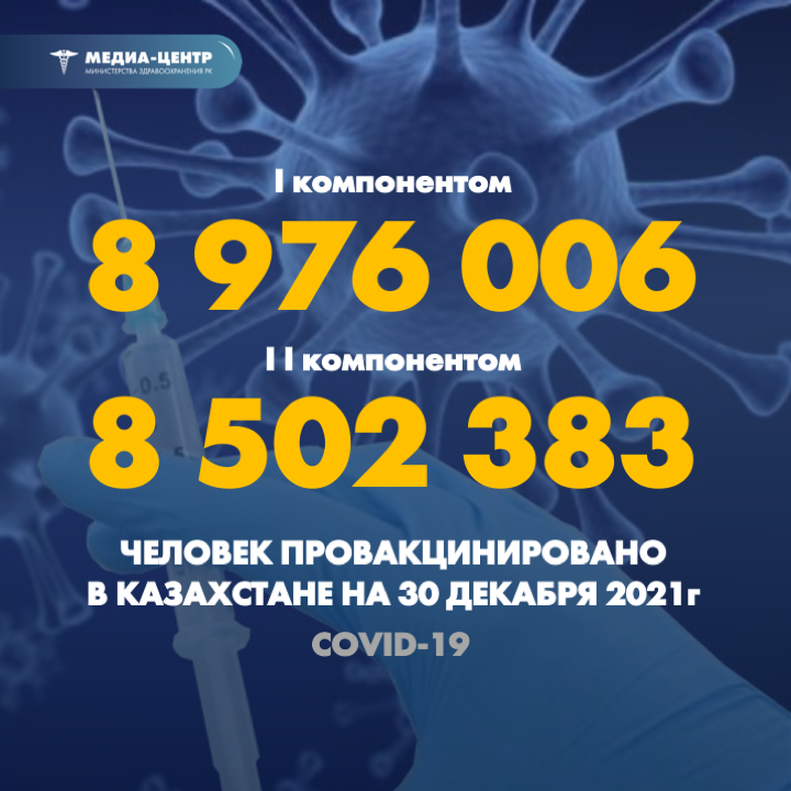 I компонентом 8 976 006 человек провакцинировано в Казахстане на 30 декабря 2021 г, II компонентом 8 502 383 человек.