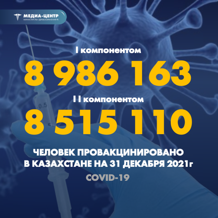 I компонентом 8 986 163 человек провакцинировано в Казахстане на 31 декабря 2021 г, II компонентом 8 515 110 человек.