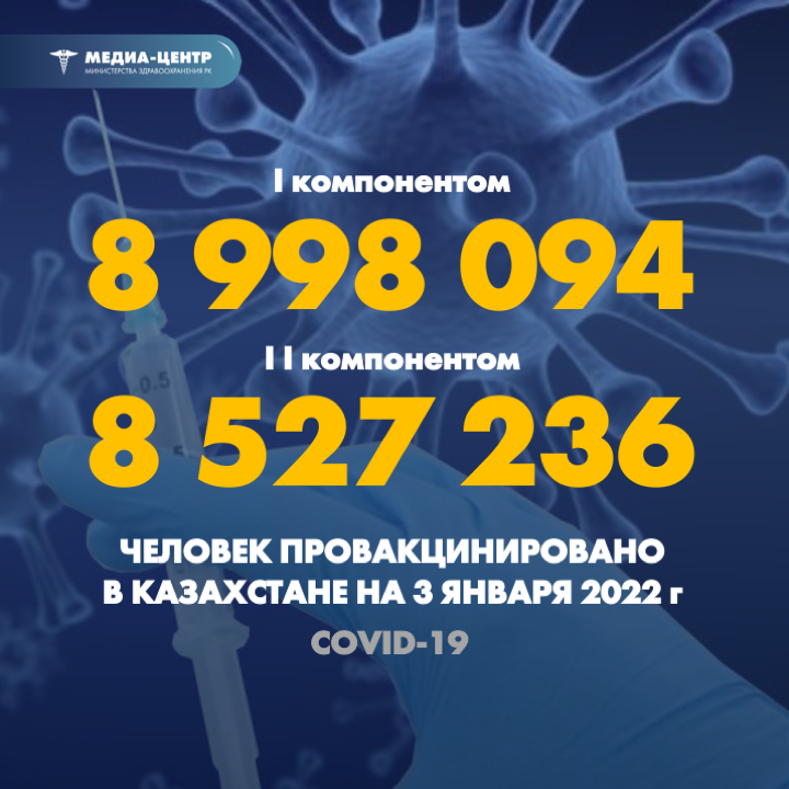 I компонентом 8 998 094 человек провакцинировано в Казахстане на 3 января 2022 г, II компонентом 8 527 236 человек.