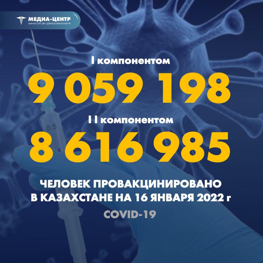 I компонентом 9 059 198 человек провакцинировано в Казахстане на 16 января 2022 г, II компонентом 8 616 985 человек.