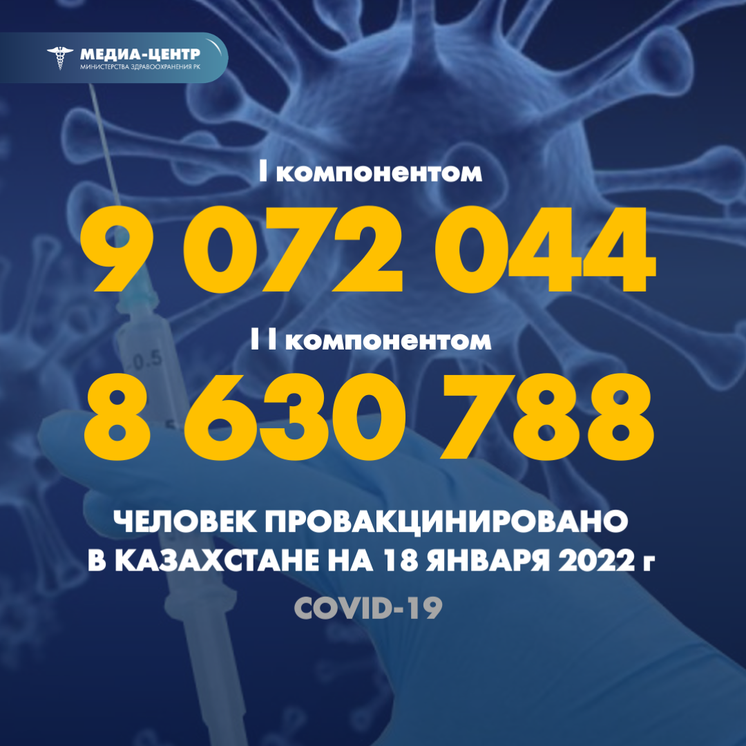 I компонентом 9 072 044 человек провакцинировано в Казахстане на 18 января 2022 г, II компонентом 8 630 788 человек.