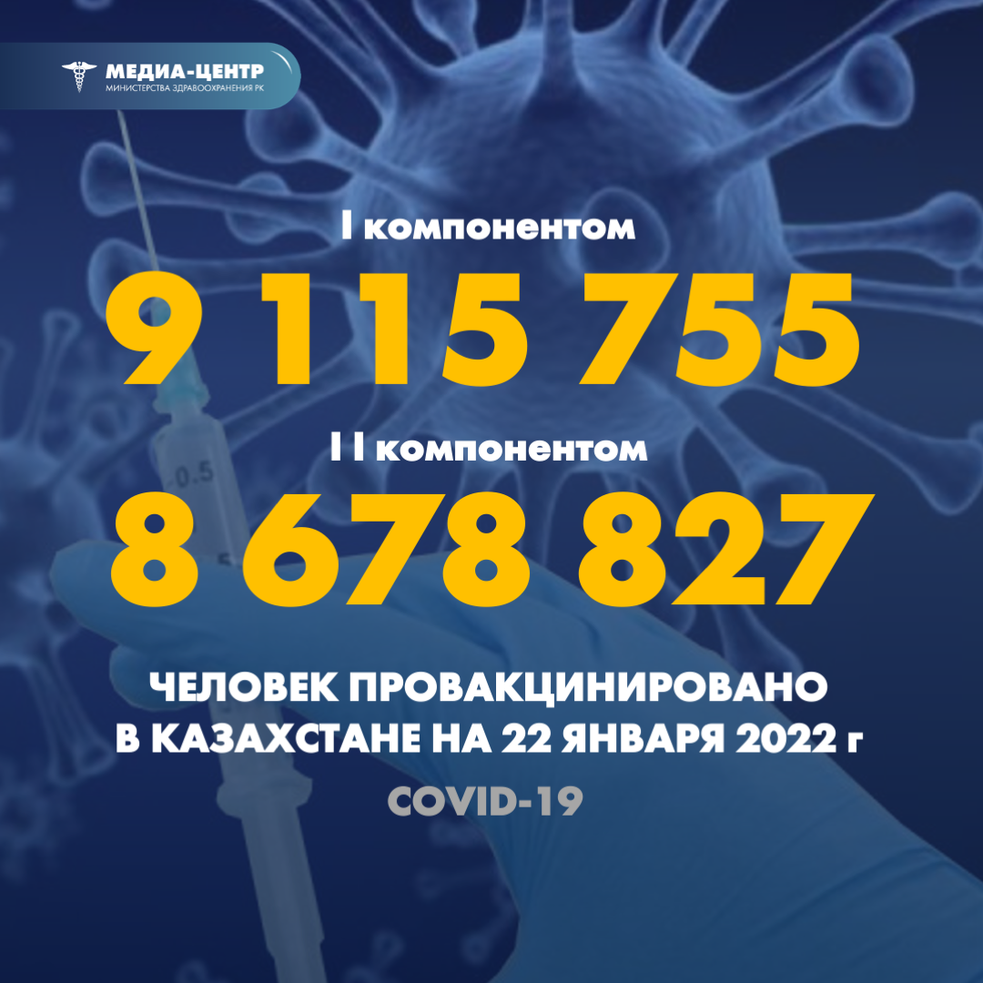 I компонентом 9 115 755 человек провакцинировано в Казахстане на 22 января 2022 г, II компонентом 8 678 827 человек.