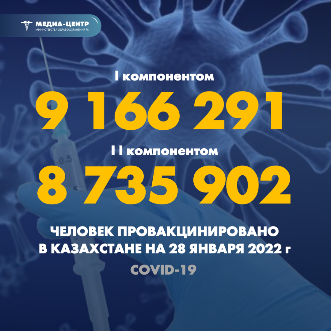 I компонентом 9 166 291 человек провакцинировано в Казахстане на 28 января 2022 г, II компонентом 8 735 902 человек.