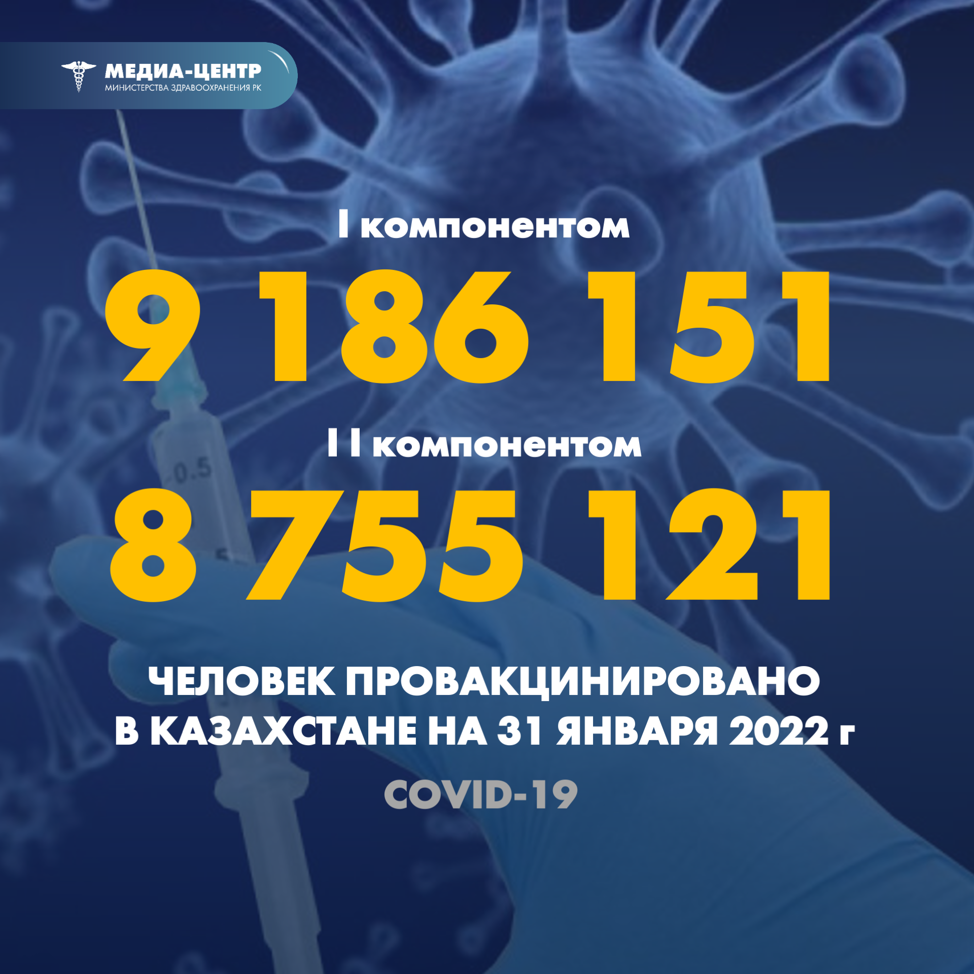 I компонентом 9 186 151 человек провакцинировано в Казахстане на 31 января 2022 г, II компонентом 8 755 121 человек.