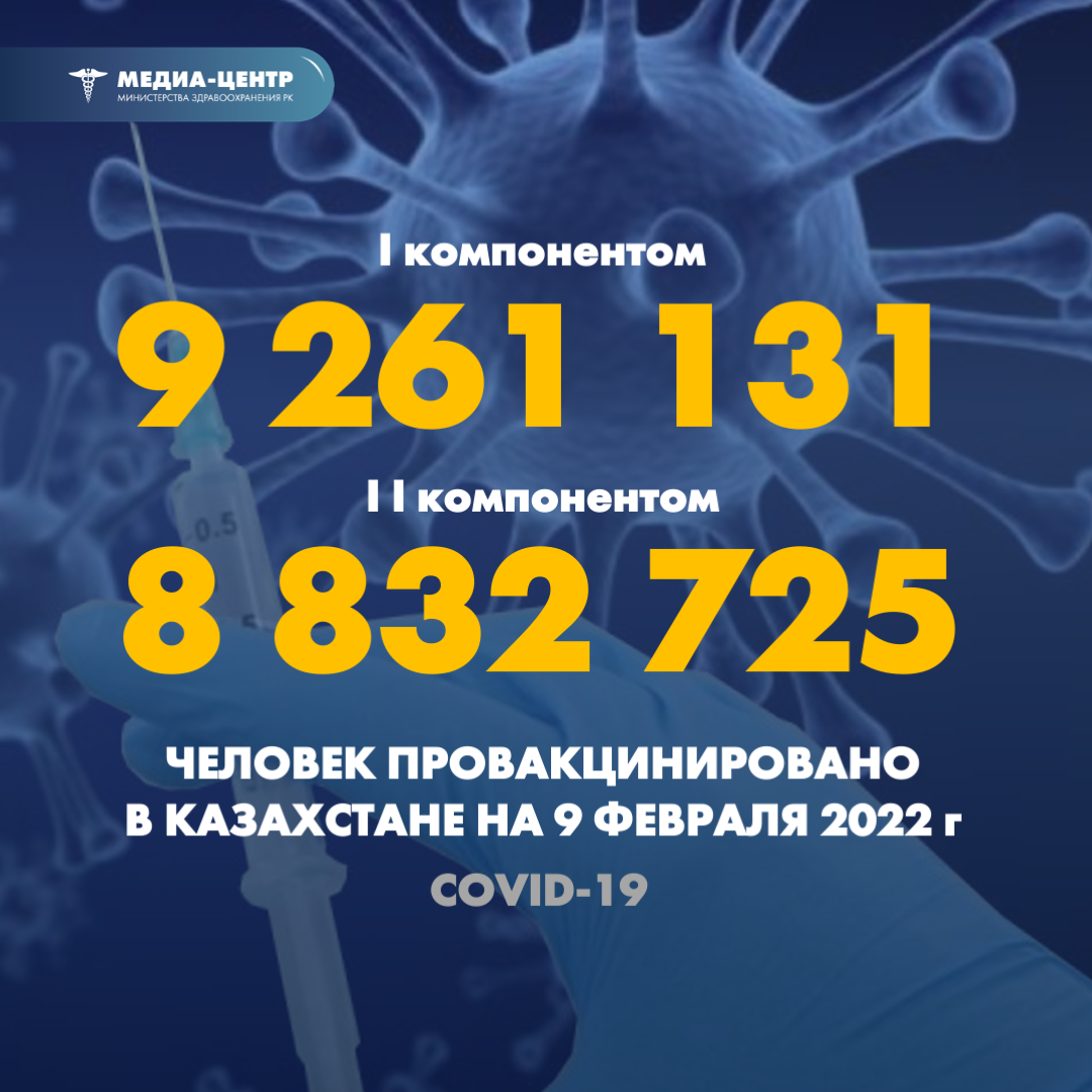 I компонентом 9 261 131 человек провакцинировано в Казахстане на 9 февраля 2022 г, II компонентом 8 832 725 человек.