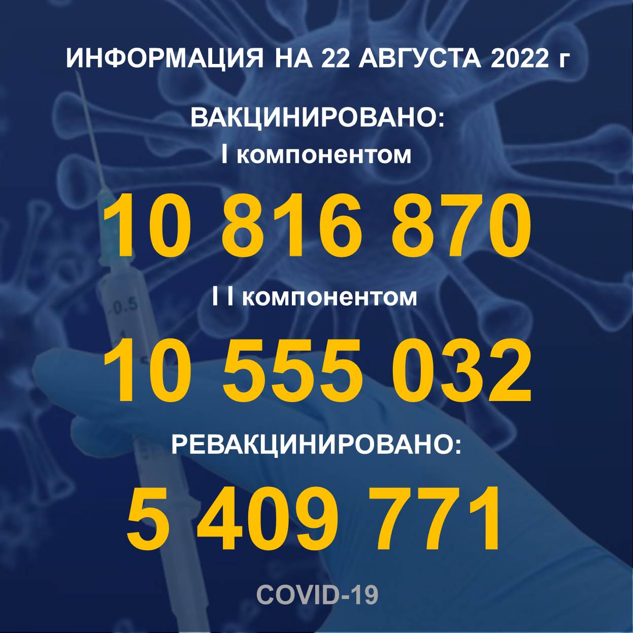 I компонентом 10 816 870 человек провакцинировано в Казахстане на 22.08.2022 г, II компонентом 10 555 032 человек. Ревакцинировано – 5 409 771