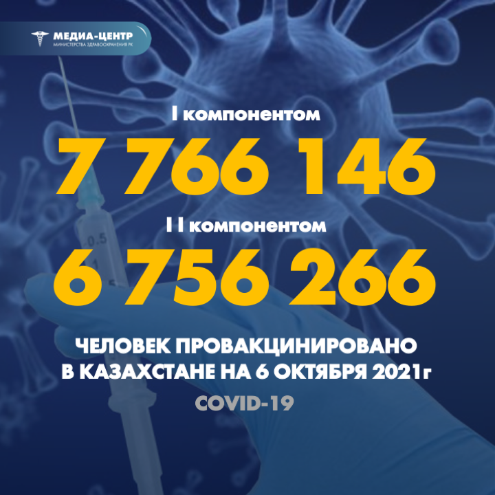 I компонентом 7 766 146 человек провакцинировано в Казахстане на 6 октября 2021 г, II компонентом 6 756 266 человек.