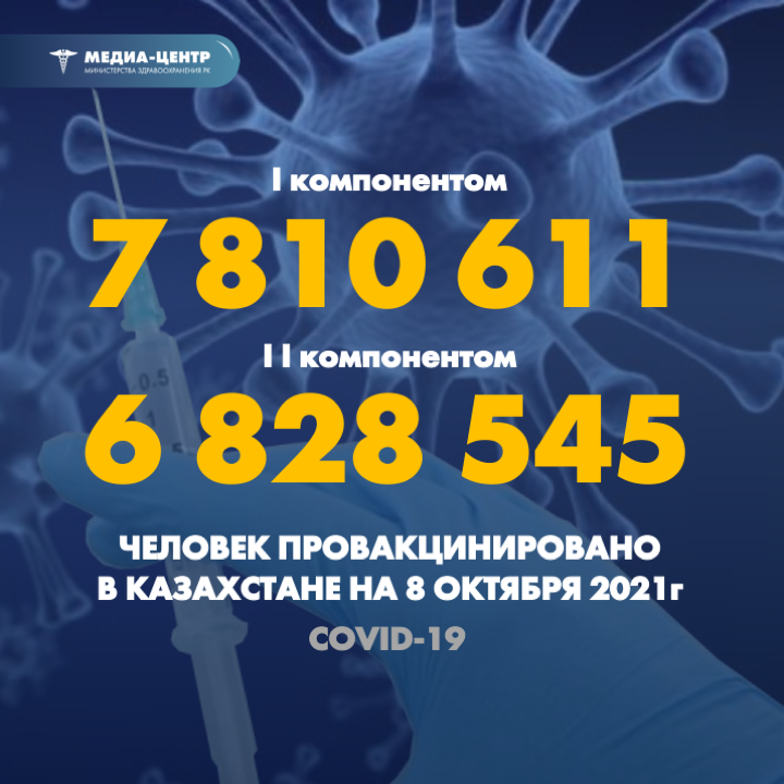 I компонентом 7 810 611 человек провакцинировано в Казахстане на 8 октября 2021 г, II компонентом 6 828 545 человек.