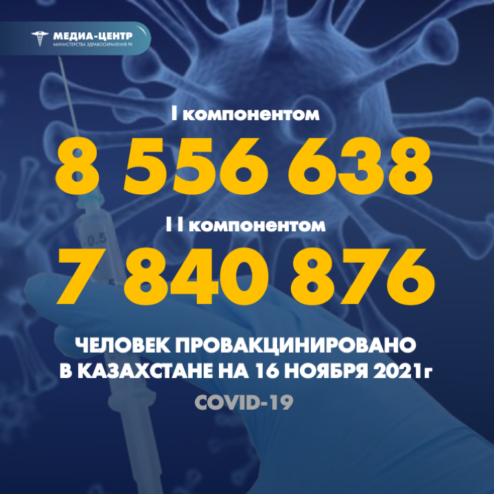 I компонентом 8 556 638 человек провакцинировано в Казахстане на 16 ноября 2021 г, II компонентом 7 840 876 человек.