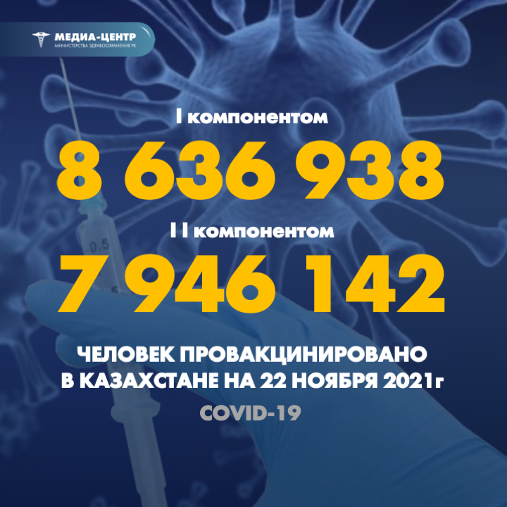 I компонентом 8 636 938 человек провакцинировано в Казахстане на 22 ноября 2021 г, II компонентом 7 946 142 человек.
