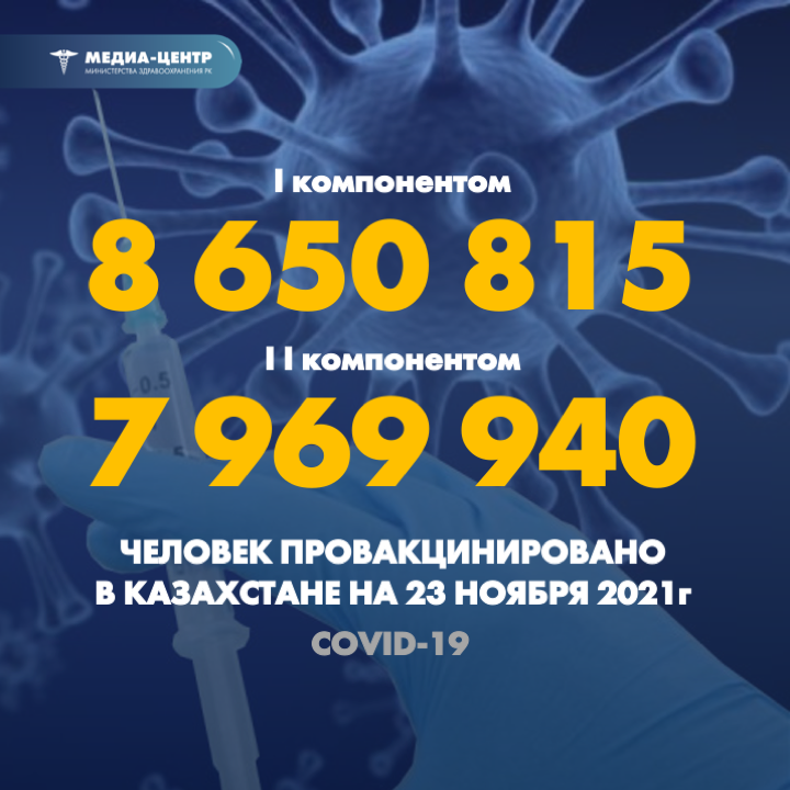I компонентом 8 650 815 человек провакцинировано в Казахстане на 23 ноября 2021 г, II компонентом 7 969 940 человек.
