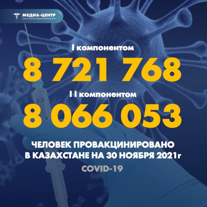 I компонентом 8 721 768 человек провакцинировано в Казахстане на 30 ноября 2021 г, II компонентом 8 066 053 человек.