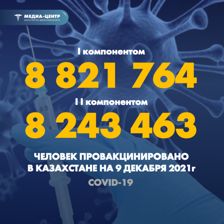 I компонентом 8 821 764 человек провакцинировано в Казахстане на 9 декабря 2021 г, II компонентом 8 243 463 человек.