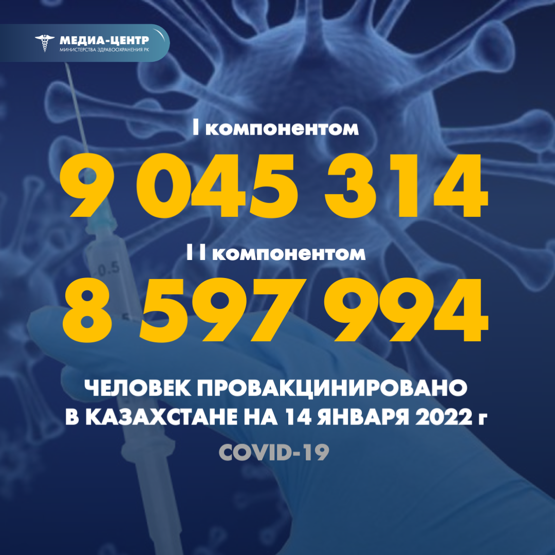 I компонентом 9 045 314 человек провакцинировано в Казахстане на 14 января 2022 г, II компонентом 8 597 994 человек.