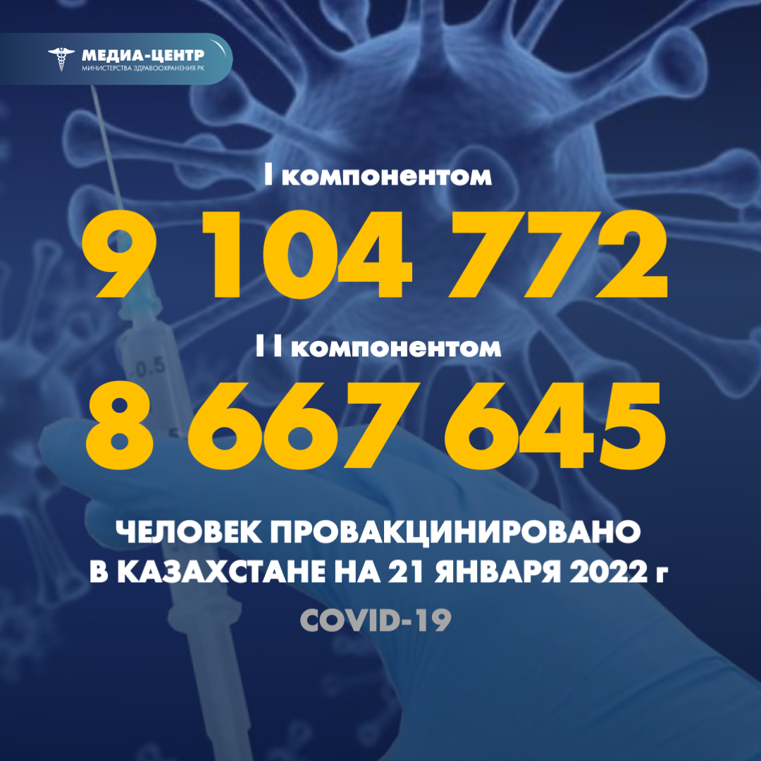 I компонентом 9 104 772 человек провакцинировано в Казахстане на 21 января 2022 г, II компонентом 8 667 645 человек.