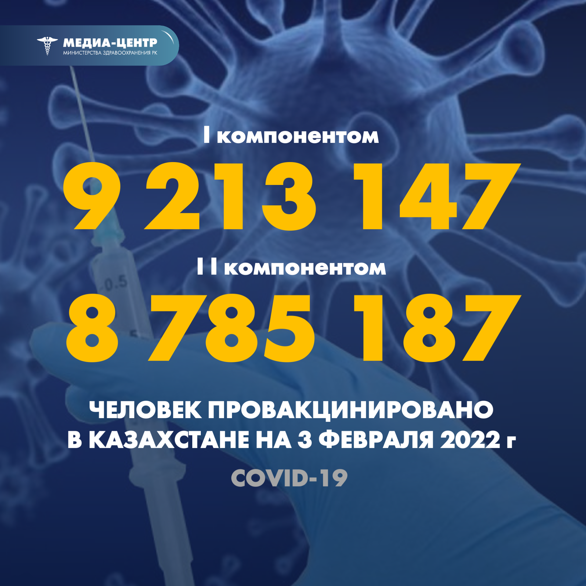 I компонентом 9 213 147 человек провакцинировано в Казахстане на 3 февраля 2022 г, II компонентом 8 785 187 человек.