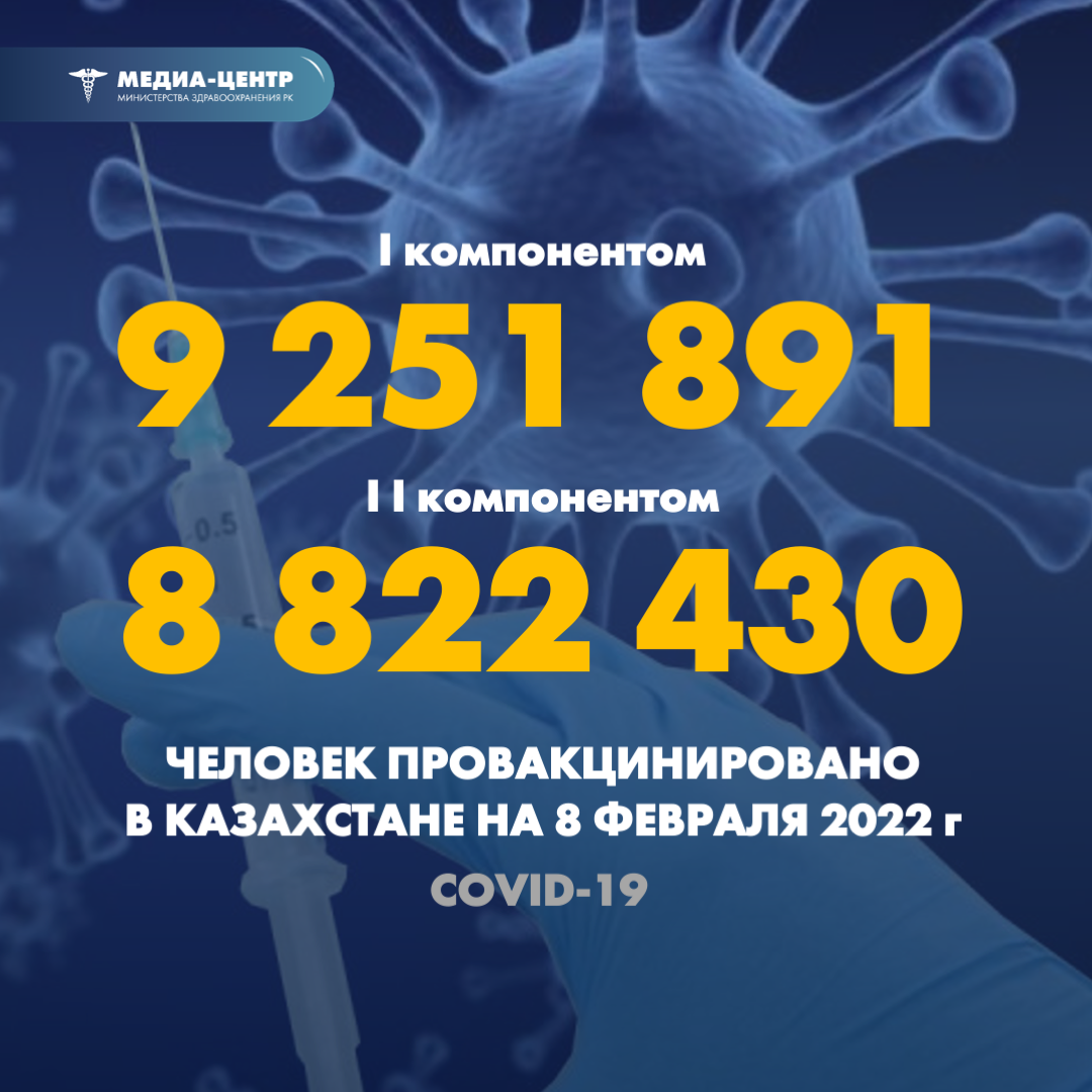 I компонентом 9 251 891 человек провакцинировано в Казахстане на 8 февраля 2022 г, II компонентом 8 822 430 человек.