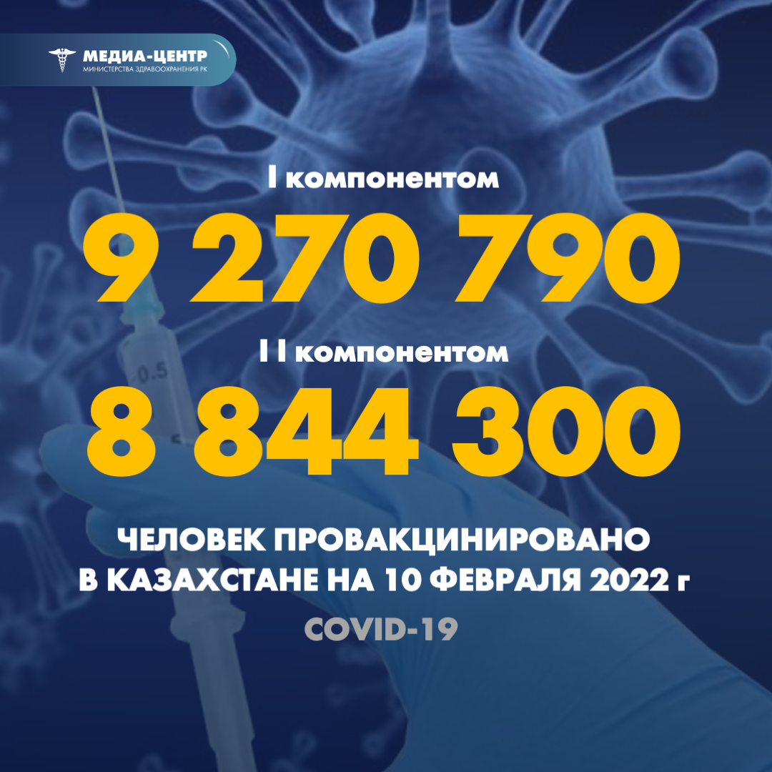 I компонентом 9 270 790 человек провакцинировано в Казахстане на 10 февраля 2022 г, II компонентом 8 844 300 человек.