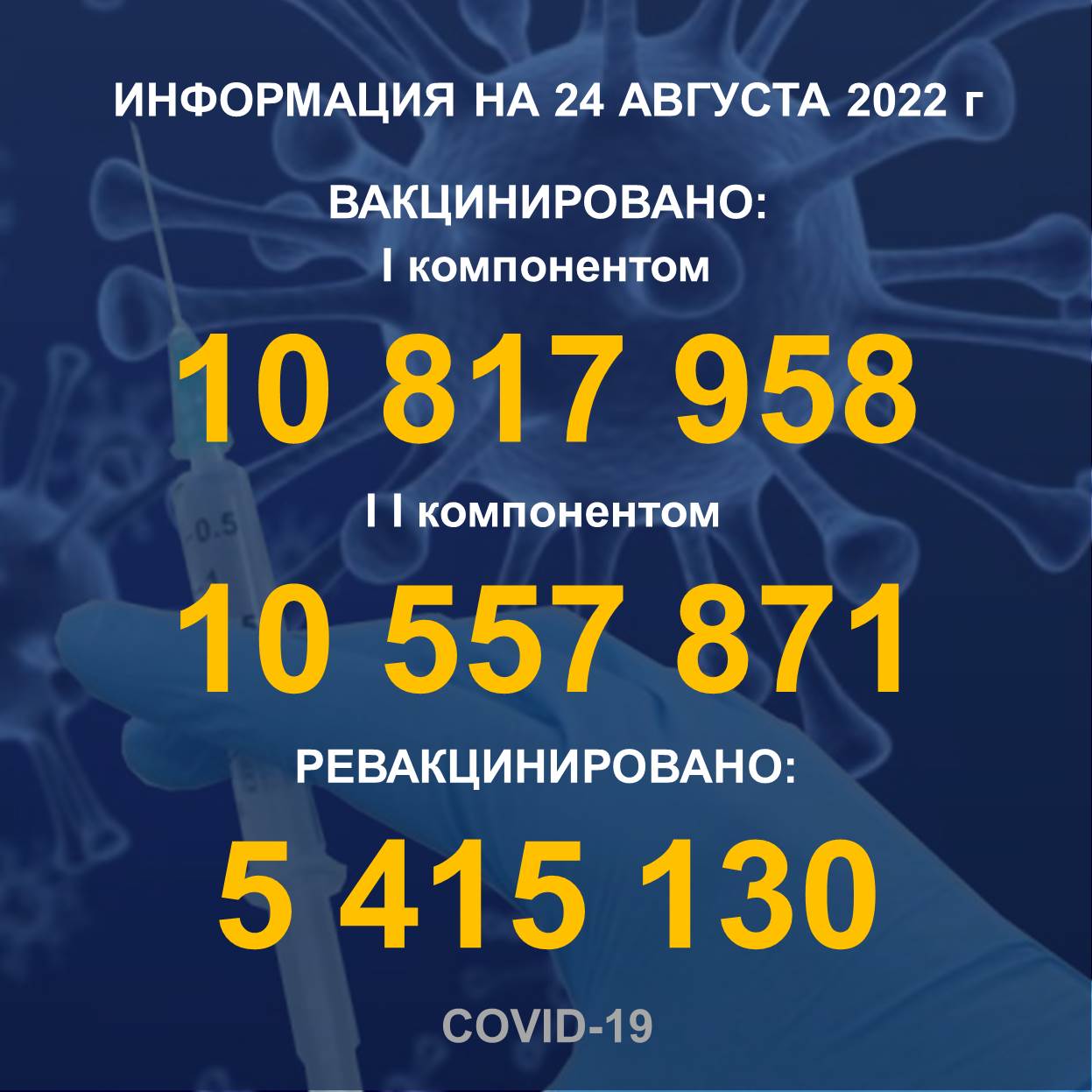 I компонентом 10 817 958 человек провакцинировано в Казахстане на 24.08.2022 г, II компонентом 10 557 871 человек. Ревакцинировано – 5 415 130