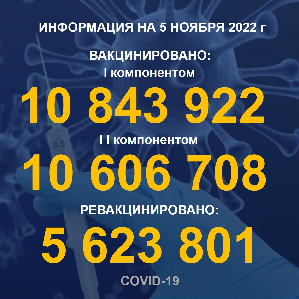 I компонентом 10 843 922   человек провакцинировано в Казахстане на 5.11.2022 г, II компонентом 10 606 708 человек. Ревакцинировано – 5 623 801