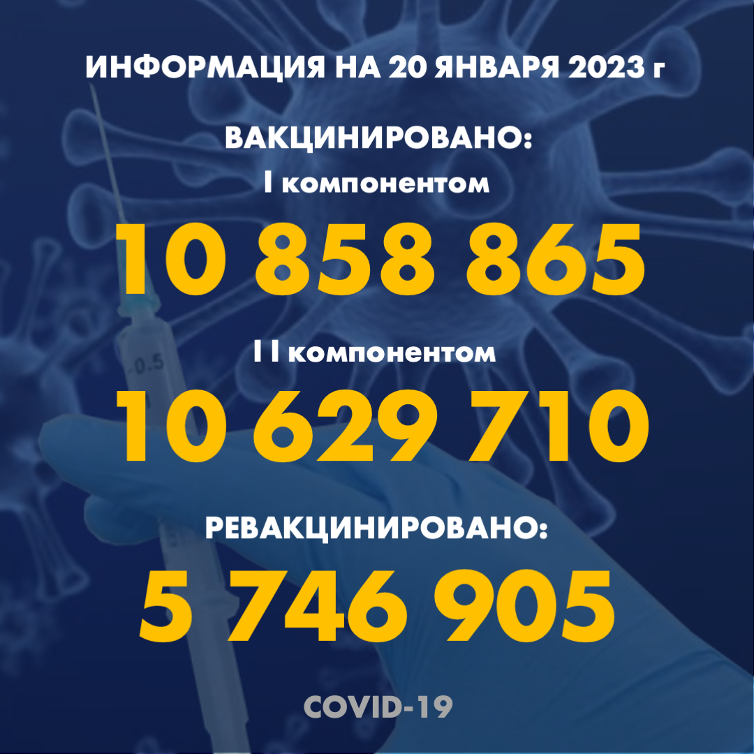 I компонентом 10 858 865 человек провакцинировано в Казахстане на 20.01.2023 г, II компонентом 10 629 710 человек. Ревакцинировано – 5 746 905